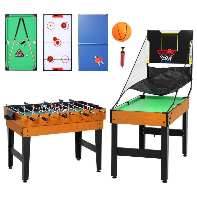 SPORTNOW Mesa Multijuegos 5 en 1 con Futbolines para Niños Billar Ping-pong Hockey y Baloncesto 134x108x144 cm Natural y Negro