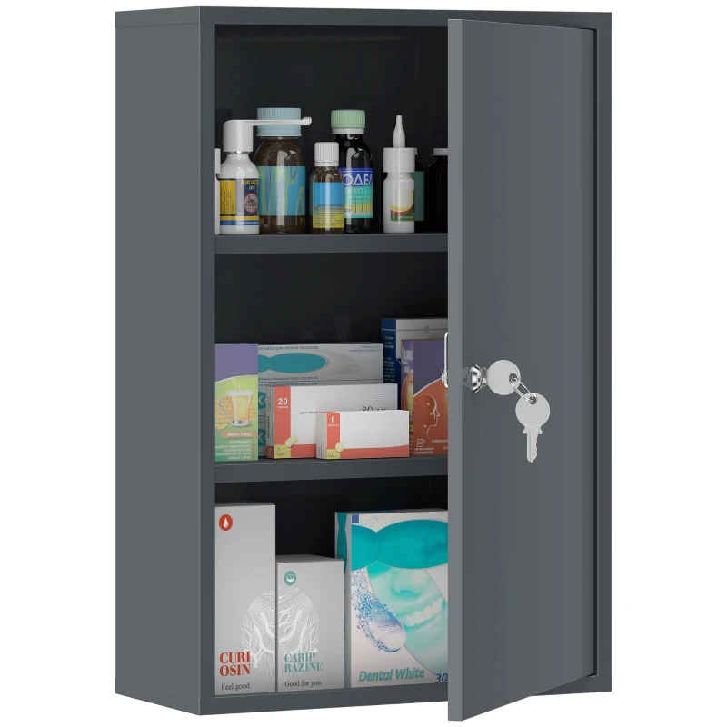 kleankin Armario para medicamentos de pared, armario de baño con 3 estantes, 2 llaves, 40 x 18 x 60 cm, Gris