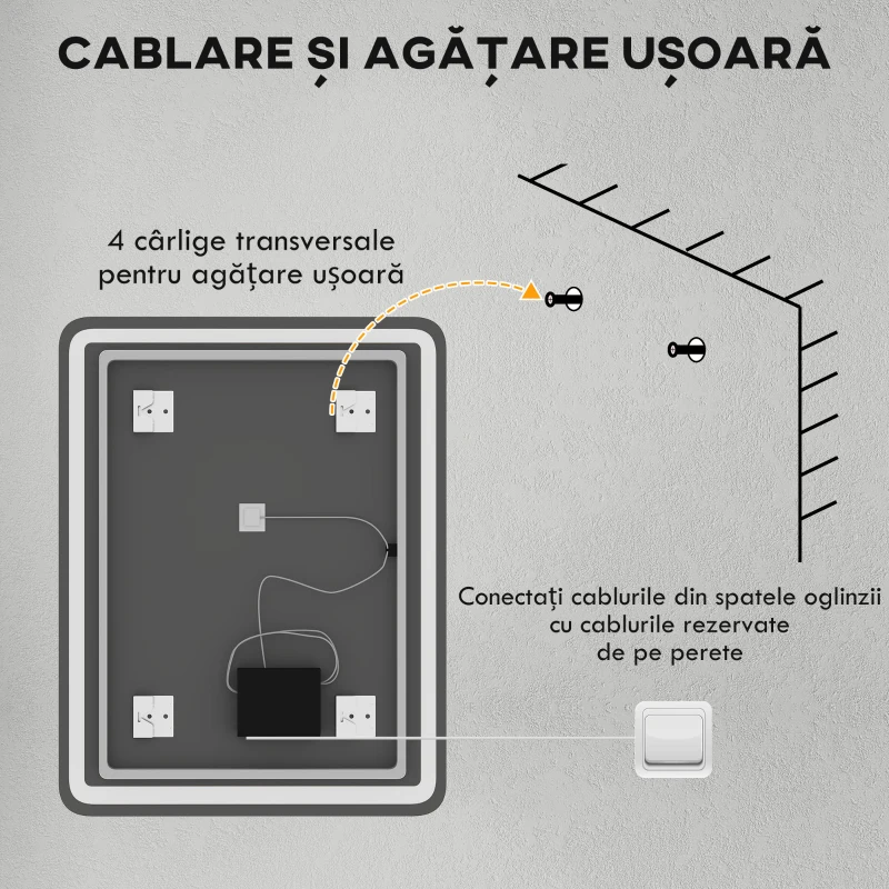 HOMCOM Oglindă Baie LED Touch cu lumină reglabilă, 3 temperaturi și funcție anti-aburire, 70x90 cm