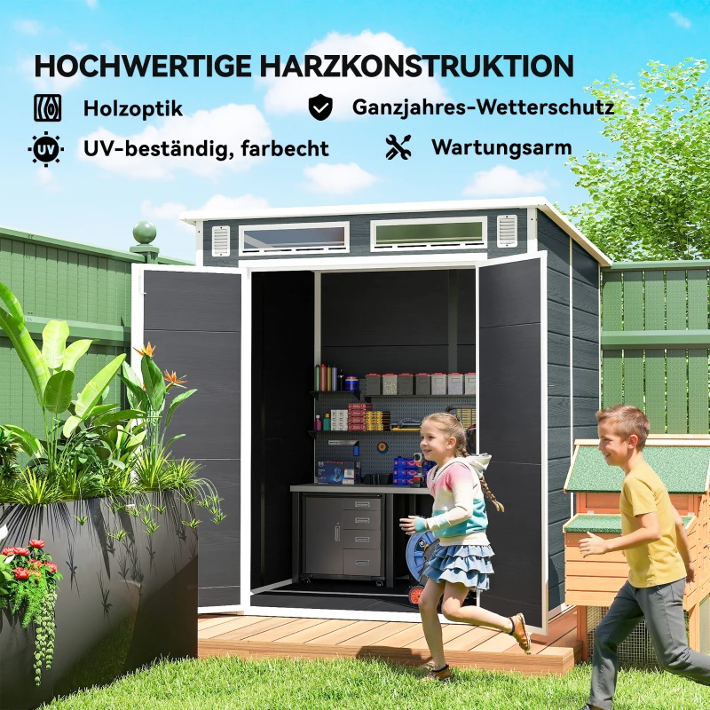 Outsunny Tuinhuis 2,89 m², Tuinschuur met houtlook 3 ramen Dubbele Deur Ventilatie Bodem Slot, 182 x 182 x 196 cm