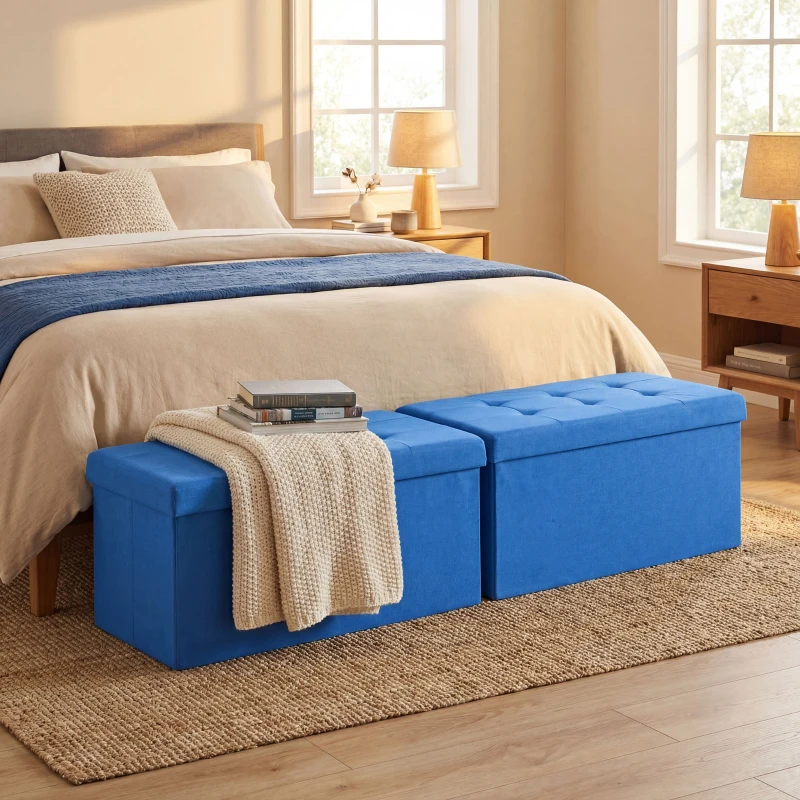 HOMCOM Puff de Armazenamento Banco de Armazenamento Dobrável 84 L 76x38x38 cm Estofado em Linho Sintético Azul Claro