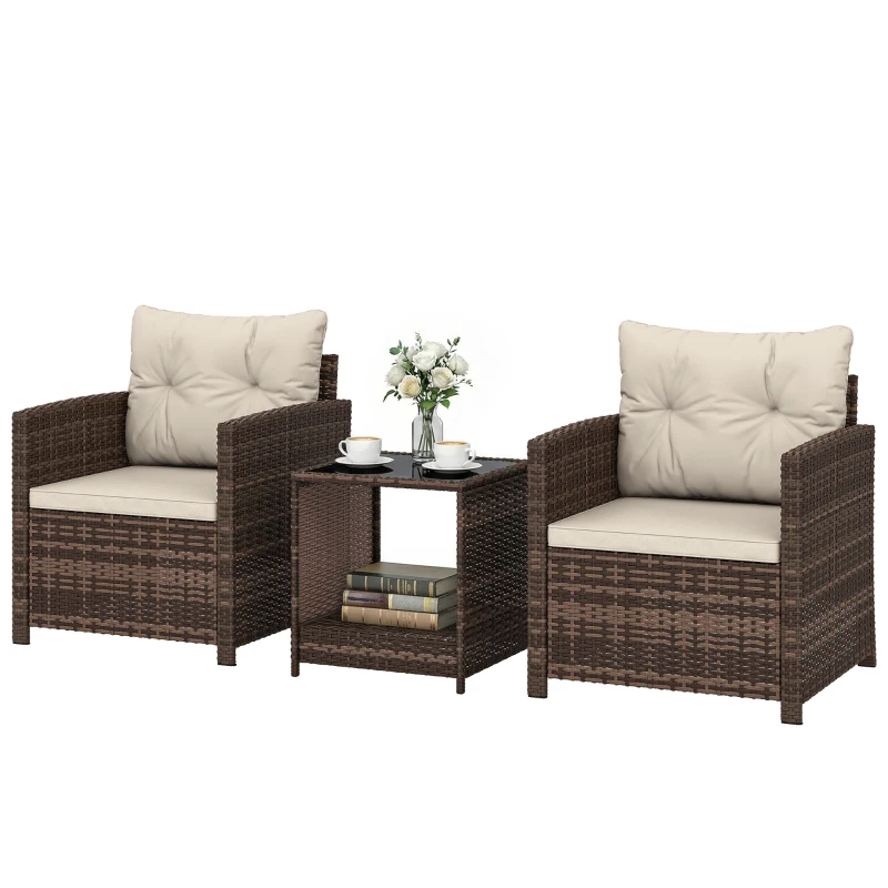 Outsunny Rattan Bistro Set, 3 Piece Garden Furniture Set with 2 Tier Glass Top Table and Cushions, Mixed Brown
