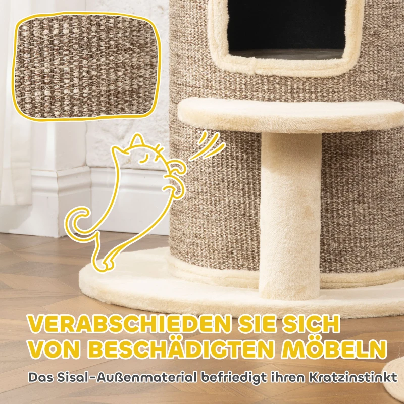 PawHut Katzenfass, Kratzbaum mit 2 Ebenen, Sprungplattform, Aussichtspunkt, Kratzmatte, zum Ausruhen und Spielen, Beige