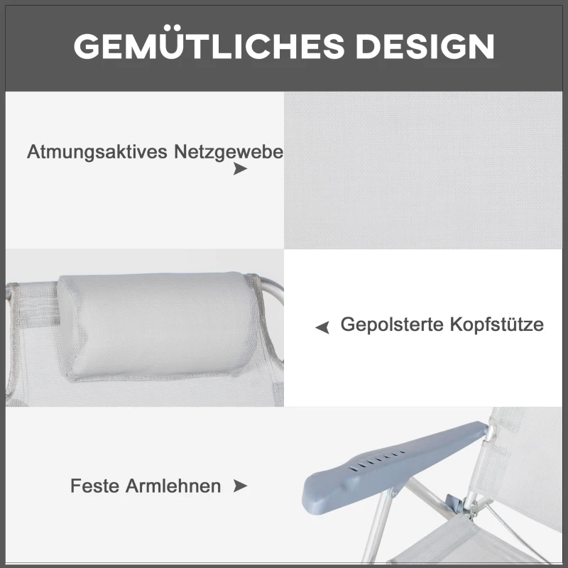 Outsunny 2-delige set campingstoelen inklapbaar met 6-voudig verstelbare mesh-rugleuning en hoofdsteun 62 x 65 x 80 cm Lichtgrijs