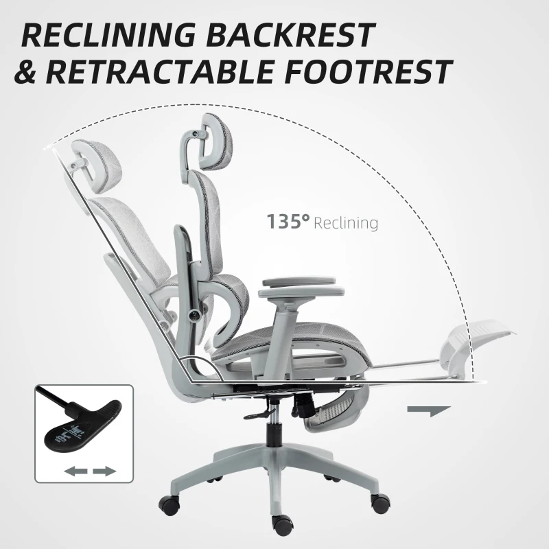 HOMCOM Fotel biurowy, Ergonomiczny krzesło biurowe z siatkowym obiciem, regulowane, na kółkach, z podłokietnikami, zagłówkiem, Szary