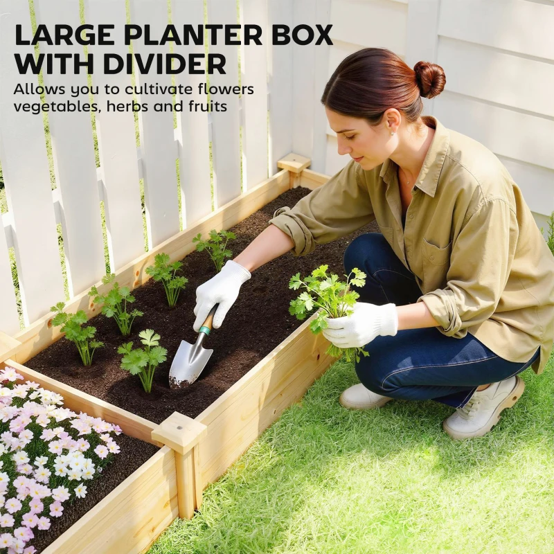 Outsunny Podwyższona skrzynia drewniana, skrzynia ogrodowa z przegrodą i otwartym spodem 235 x 66 x 26 cm Naturalne drewno