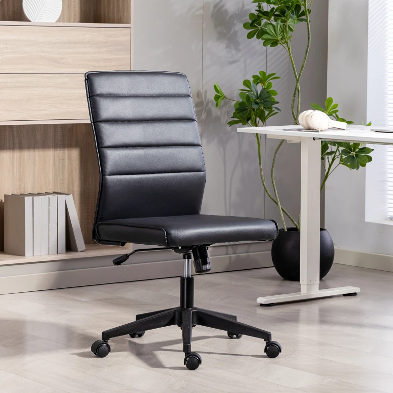HOMCOM Scaun de Birou Ergonomic și Reglabil cu Spătar Curbat, din Piele PU și Oțel, 58x53x97-107 cm, Negru