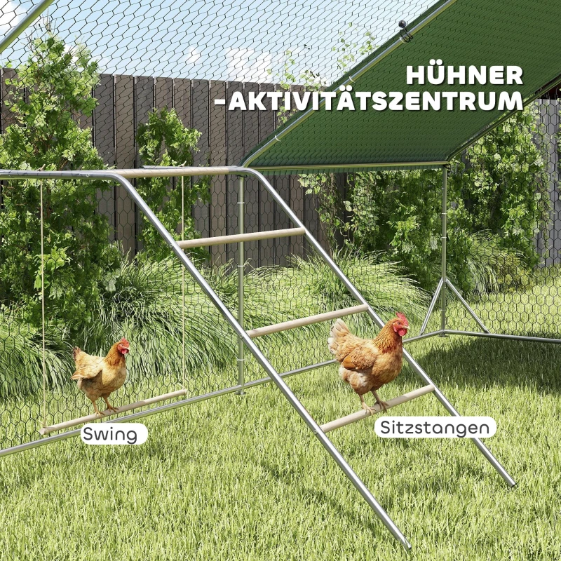 PawHut Hühner Spielgerüst aus Holz, Spielplatz für Hühnern mit Hühnerstangen, verstellbar Schaukel, 82 x 150 x 110 cm Silber