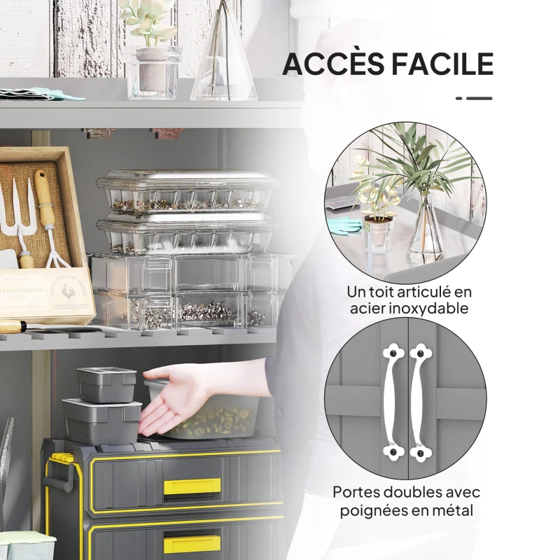 Outsunny Armoire de jardin en bois abri de jardin avec 2 portes, toit à charnières et étagère, 74 x 43 x 88 cm, gris