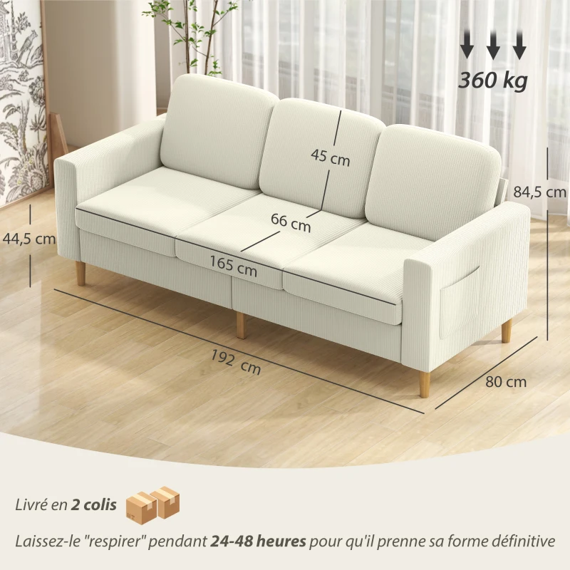 HOMCOM Canapé 3 places en velours côtelé, canapé avec coussins à ressorts et assise rembourré, 192x80x84,5cm, beige