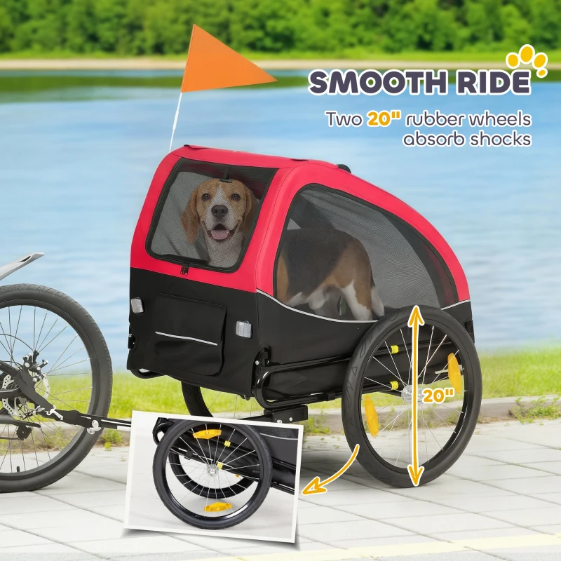 PawHut Przyczepka rowerowa składana z odblaskami oknami z siatki kołami drzwiami i chorągiewką, do 20 kg, 138x70x89 cm, czerwona