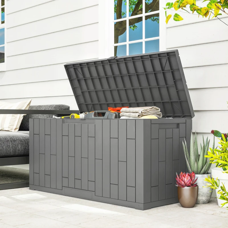 Outsunny Tuinbox 227 Liter Waterdicht UV-bestendig en Afsluitbaar Opbergbox in Houtlook voor Tuin 106,5x43x54,5 cm Grijs