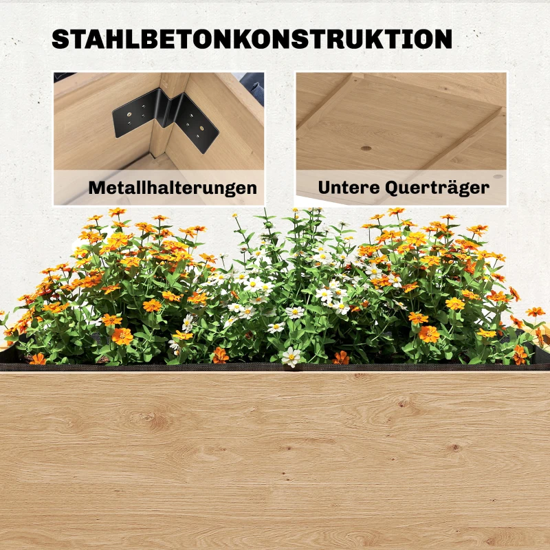 Outsunny Hochbeet 2-stufig erhöhter Pflanzkasten mit Vliesstoff Abflussloch, Holz 119,5 x 102 x 76,5 cm Hellbraun
