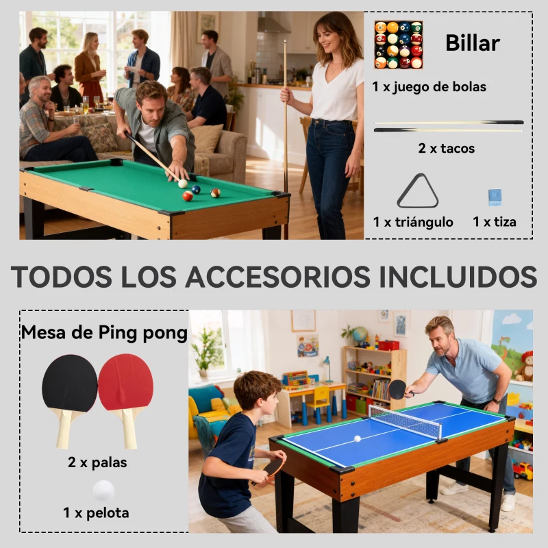 SPORTNOW Mesa Multijuegos 5 en 1 con Futbolines para Niños Billar Ping-pong Hockey y Baloncesto 134x108x144 cm Natural y Negro