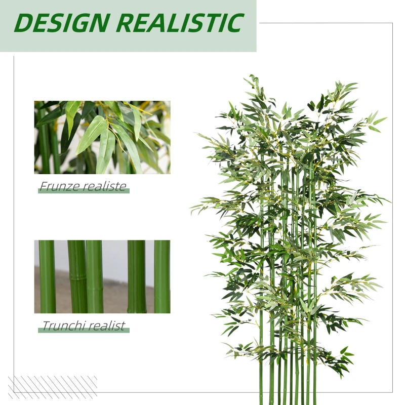 HOMCOM Plantă Artificială de Bambus, Înălțime 180 cm, cu 1640 de Frunze și Bază din Lemn de Pin, 35x10x10 cm, Verde