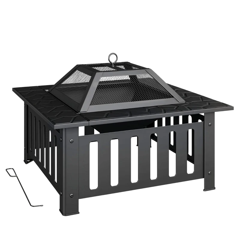 Outsunny Brasero extérieur carré en acier 67x67x47 cm brasero de jardin avec tisonnier couvercle en maille pour fête noir