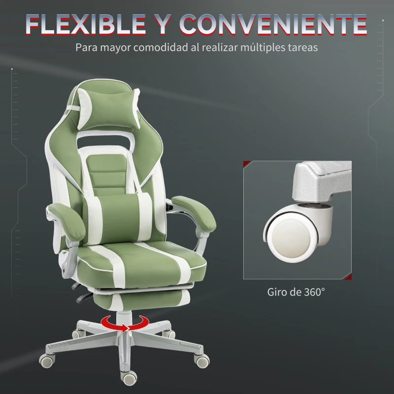 HOMCOM Silla Gamer Reclinable con Altura Ajustable Reposapiés Retráctil Soporte Lumbar y Reposacabezas Desmontable Verde