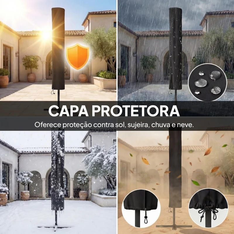 Outsunny Chapéu de Sol de Jardim com 24 Luzes LED Solares Cobertura Inclinável Poste Metálico 29x25 m Creme