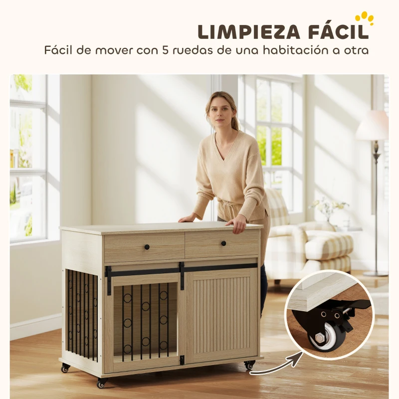 PawHut Jaula para Perros Medianos y Grandes Mesa Auxiliar Moderna con 2 Cajones 2 Puertas y Cierre 100x56x81 cm Roble