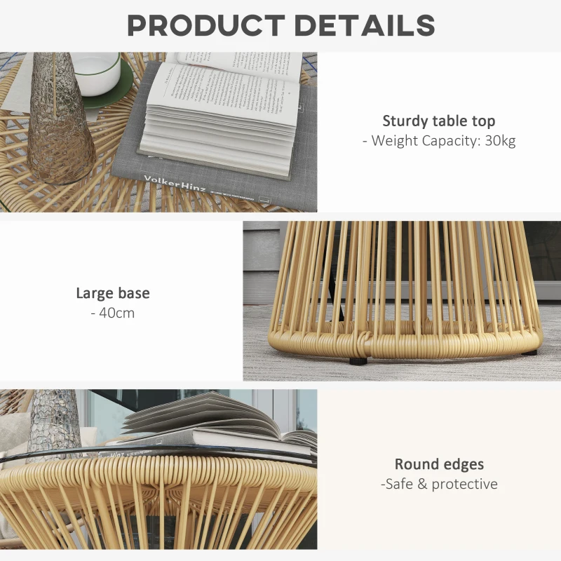 Outsunny Stolik Ogrodowy Stolik Rattanowy, Blat ze Szkła, PE-Rattan, 40 cm x 40 cm x 42 cm Beżowy