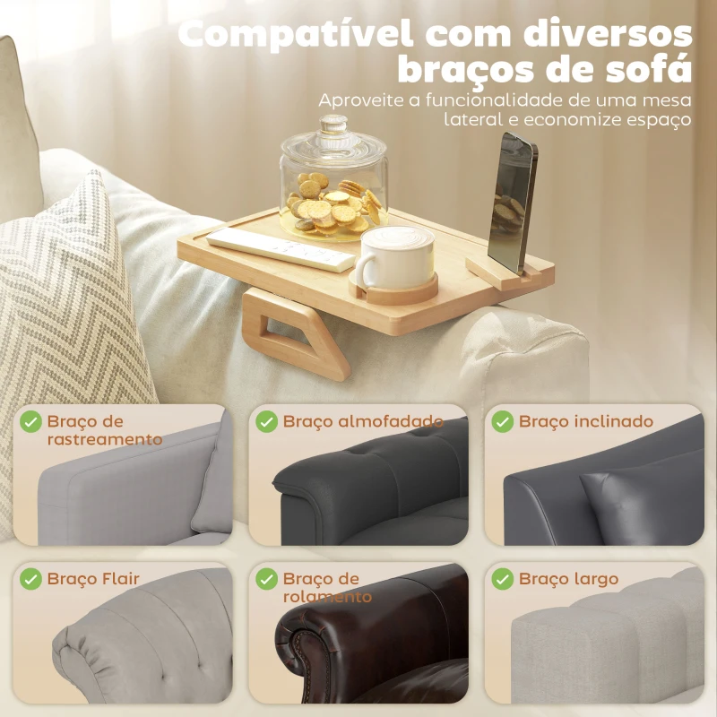 HOMCOM Bandeja para Apoio de Braço de Sofá em Bambu com Porta-Copos Extraível e Suporte Giratório 360° 33x23x5 cm Madeira