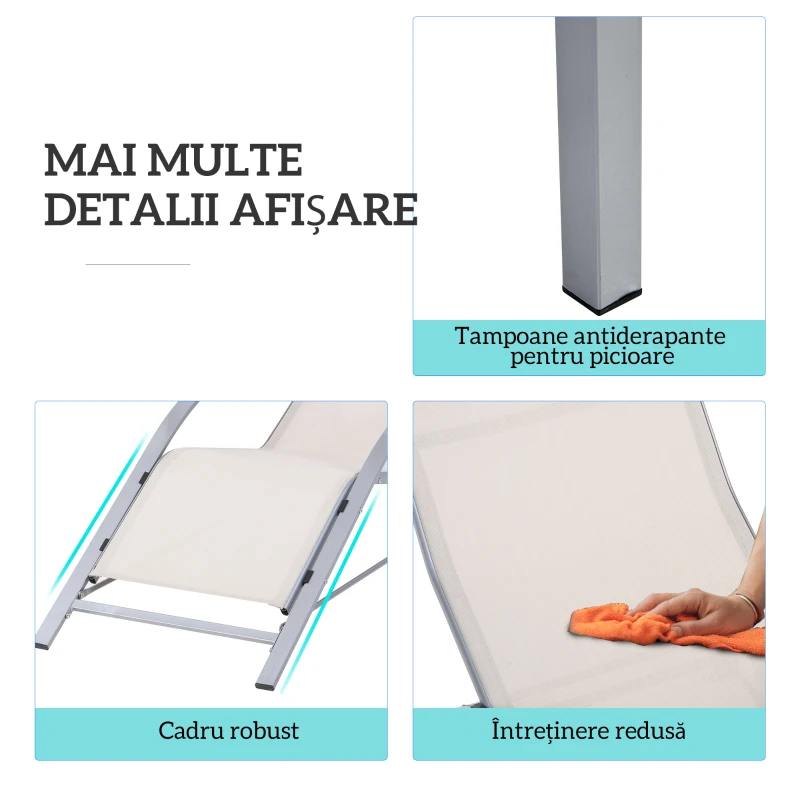 Outsunny Set de 2 Șezlonguri și Măsuță cu Blat din Sticlă, 59x169x66 cm, Crem
