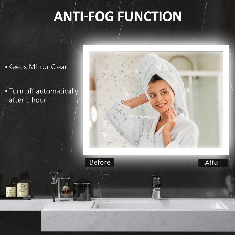 kleankin LED Badezimmerspiegel, Hintergrundbeleuchtung, Touch-Funktion, Memory-Funktion, kein Beschlagen, 80 x 60 cm