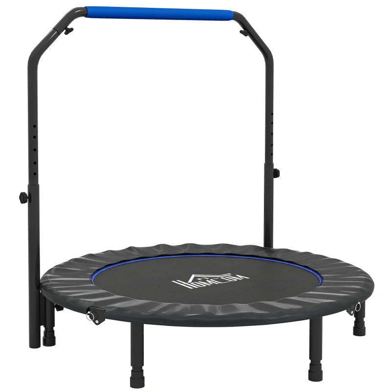 HOMCOM Trampolín de Fitness Adultos Ø122 cm, Cama Elástica Plegable con Mango Ajustable de 4 Niveles Negro y Azul