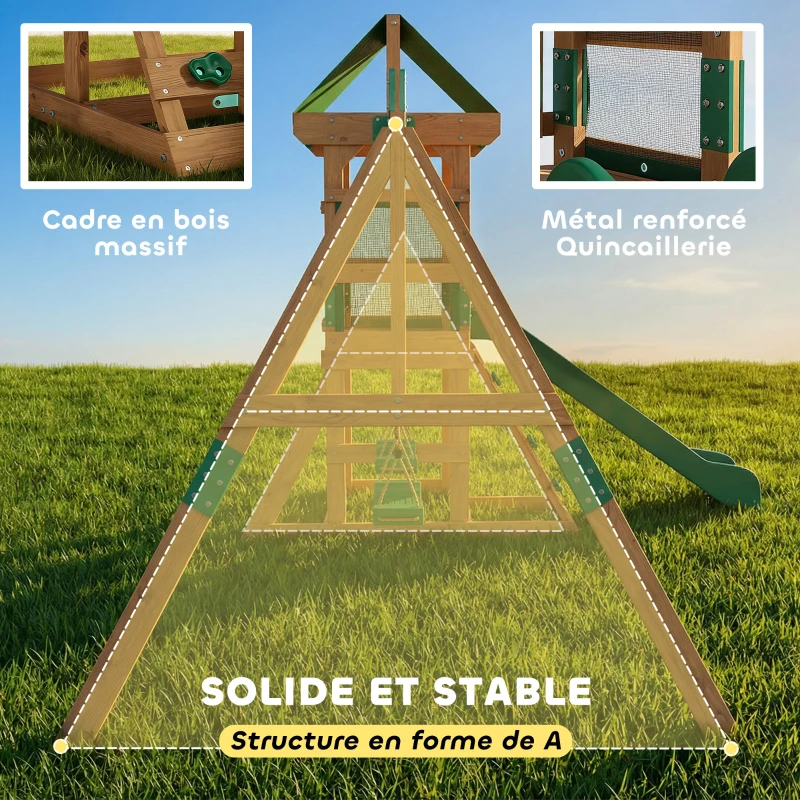 AIYAPLAY Aire de Jeux portique en Bois avec 2 balançoires et Toboggan, Mur d'Escalade et Terrasse Couverte, pour 3 à 8 Ans