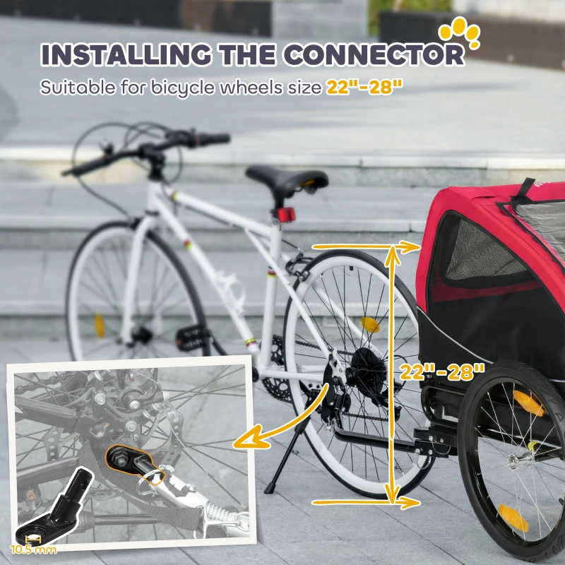 PawHut Przyczepka rowerowa składana z odblaskami oknami z siatki kołami drzwiami i chorągiewką, do 20 kg, 138x70x89 cm, czerwona