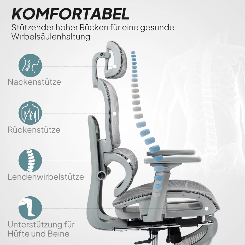 HOMCOM Bürostuhl, Ergonomischer Schreibtischstuhl mit Netzstoffbezug, verstellbar, rollbar, mit Armlehnen, Kopfstütze, Grau
