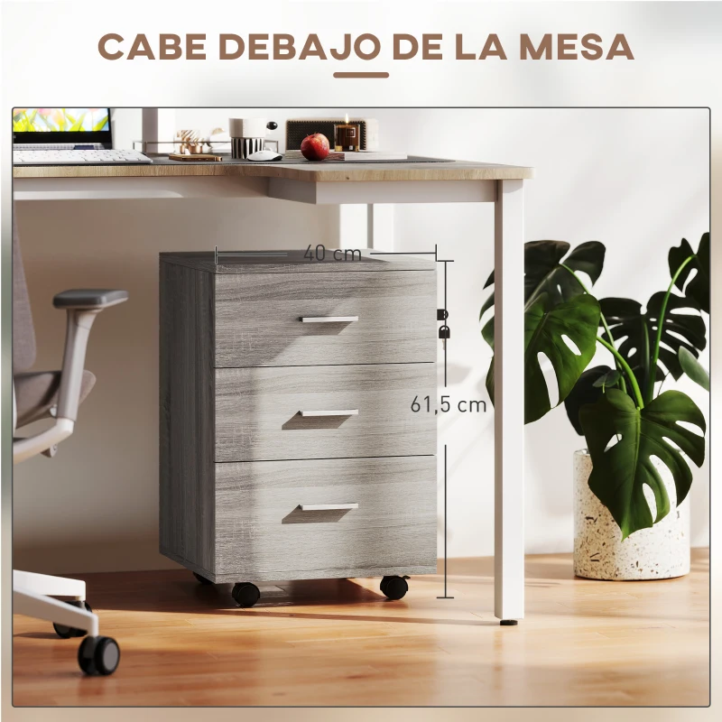 Vinsetto Cajonera de Escritorio con 3 Cajones Ruedas Cerradura 2 Llaves Archivador Móvil para Estudio Salón 40x40x61,5 cm Gris