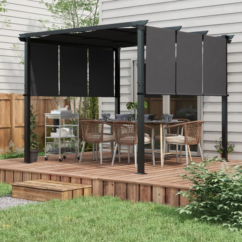 Outsunny Pergola avec 3 toiles coulissantes 3L x 3l m structure métal époxy anticorrosion toile polyester gris