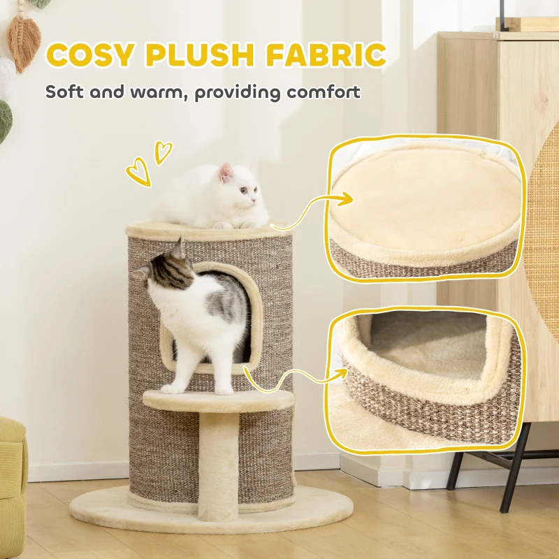 PawHut Cat Barrel 61H cm, 2-Level Small Cat Tree with Jumping Platform, 2 Caves, Sisal Scratching Exterior, for Lounging and Playing, Beige