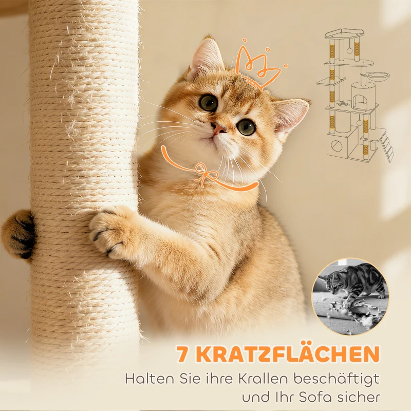 PawHut Katzenkratzbaum, 170 cm, Tunnel, Höhlen, große Basis, Sisalpfosten, Hellgrau