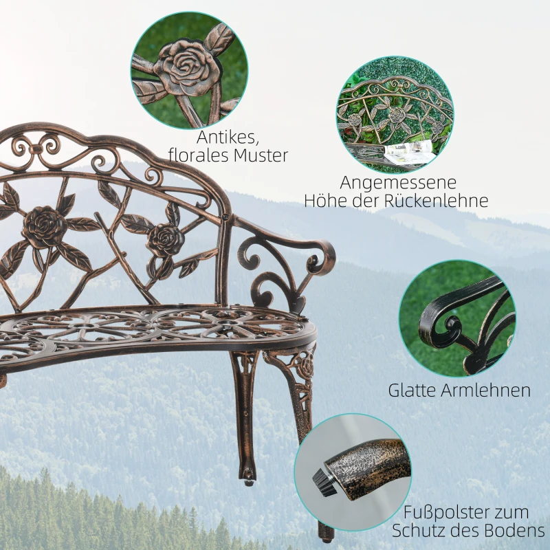 Outsunny Gartenbank 2-Sitzer aus Metall, Sitzbank im Retro Stil, Parkbank mit Blumenmuster 100 x 54 x 78 cm, Bronze