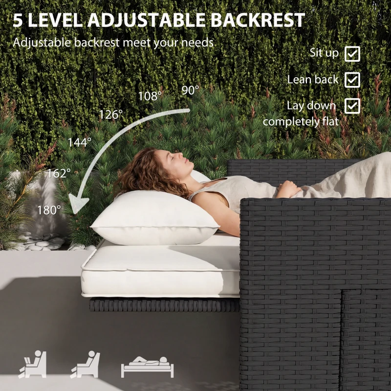 Outsunny Rattan Garden Daybed, Assembled Double Sun Lounger with 5-Level Adjustable Back, Storage Ottoman, Cream White