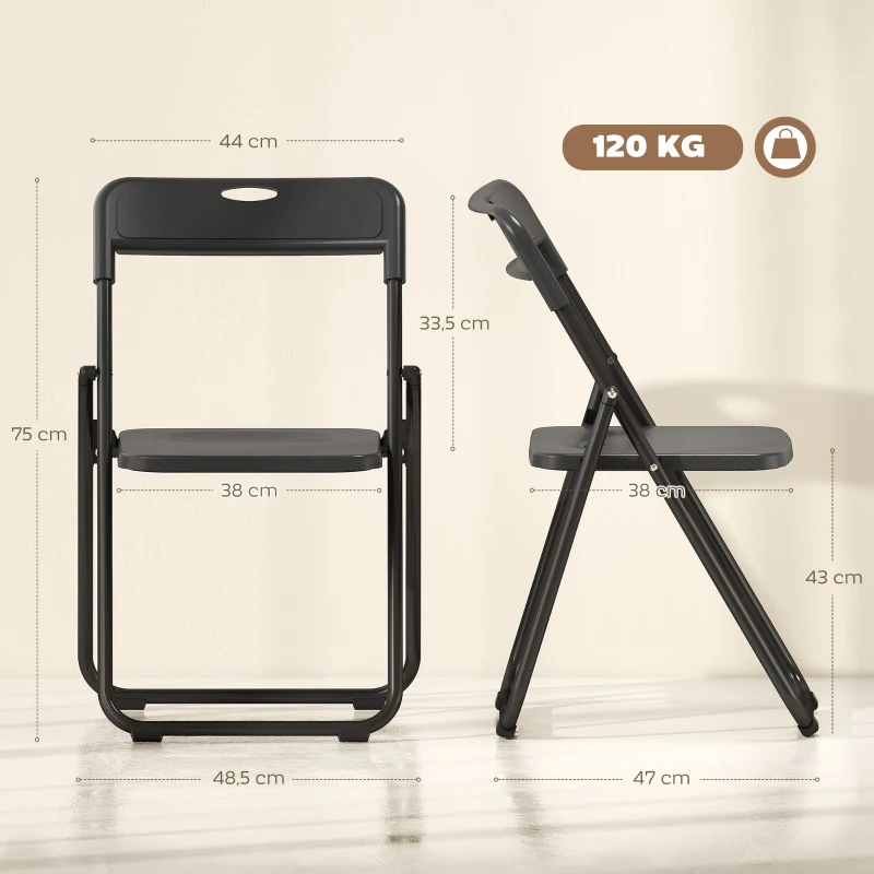 HOMCOM Juego de 6 Sillas Plegables de Plástico con Respaldo Curvo Diseño Ventilación Estructura de Acero 48,5x47x75 cm Negro