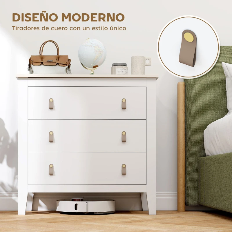 HOMCOM Cómoda para Dormitorio con 3 Cajones Tiradores de PU Cajonera para Salón Pasillo 80x40x78,5 cm Blanco