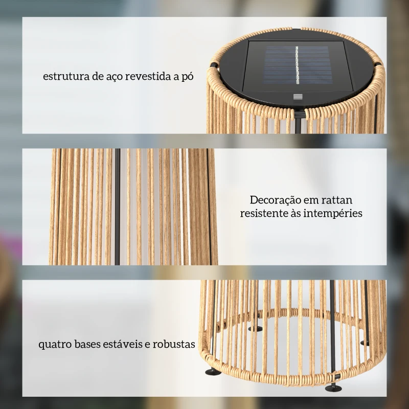 Outsunny Candeeiro de Pé em Ratã com Energia Solar LED 08 W Interruptor Automático Decoração Exterior Ø21,5x61 cm Madeira