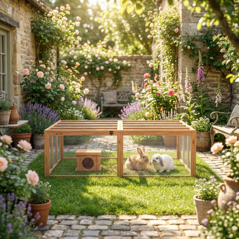 PawHut Enclos d'extérieur pour lapins en bois avec 2 portes maisonnette pour 2-4 lapins nains 180,4 x 150 x 48 cm Orange