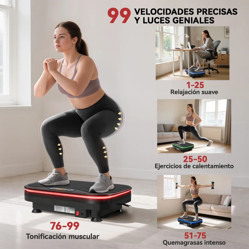 SPORTNOW Plataforma Vibratoria con 99 Velocidades 3 Programas Altavoz Bluetooth Pantalla LED Mando a Distancia Bandas Elásticas
