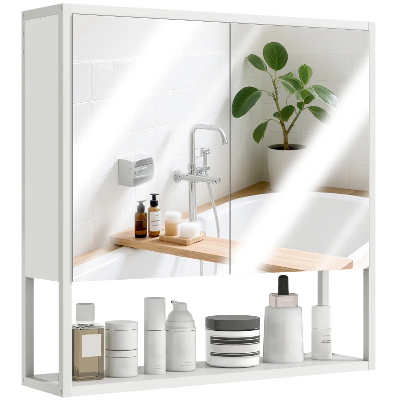 HOMCOM Mobile Bagno a Parete con Specchio, Armadietto con Mensola Regolabile e Ripiano Aperto, 60x16x60 cm, Bianco