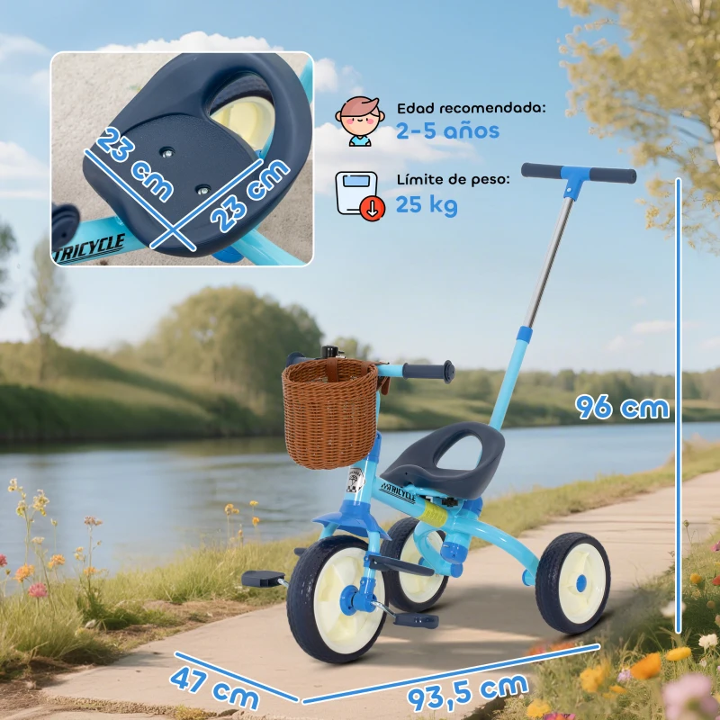 AIYAPLAY Triciclo para Bebés 2 en 1 para 2-5 Años con Barra Parental Pedales Antideslizantes, Reposapiés Plegables y Cesta Azul