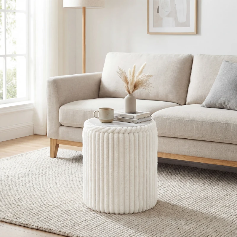 HOMCOM Pouf de rangement avec couvercle réversible, pouf moderne en velours côtelé pour salon et chambre, Blanc