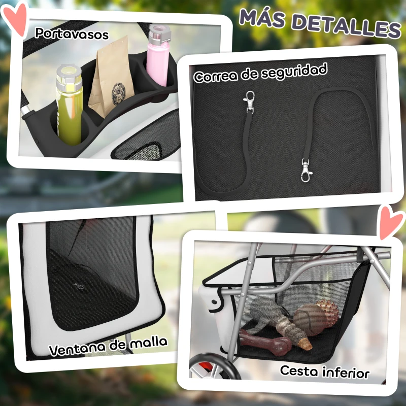 PawHut Carrito para Perros Pequeños con Cesta de Almacenaje Portavasos Ruedas y Cojín Lavable 77x44x102 cm Gris