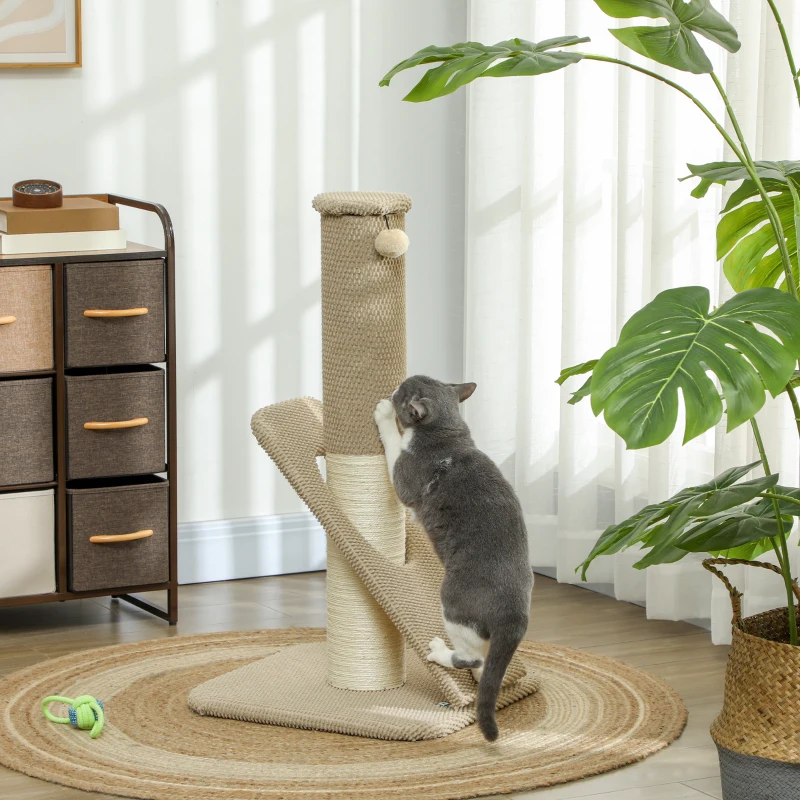 PawHut Cat Scratching Post, 84 cm Cat Scratcher Post Pad with Toy Ball, for Indoor Kittens, Light Brown
