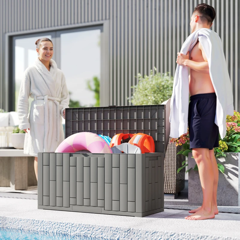 Outsunny Tuinbox 227 Liter Waterdicht UV-bestendig en Afsluitbaar Opbergbox in Houtlook voor Tuin 106,5x43x54,5 cm Grijs