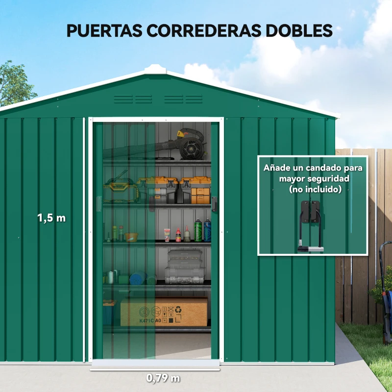 Outsunny Cobertizo de Jardín Exterior 3,6 m² 236x171x191 cm con Puertas Correderas y Ranuras de Ventilación Verde