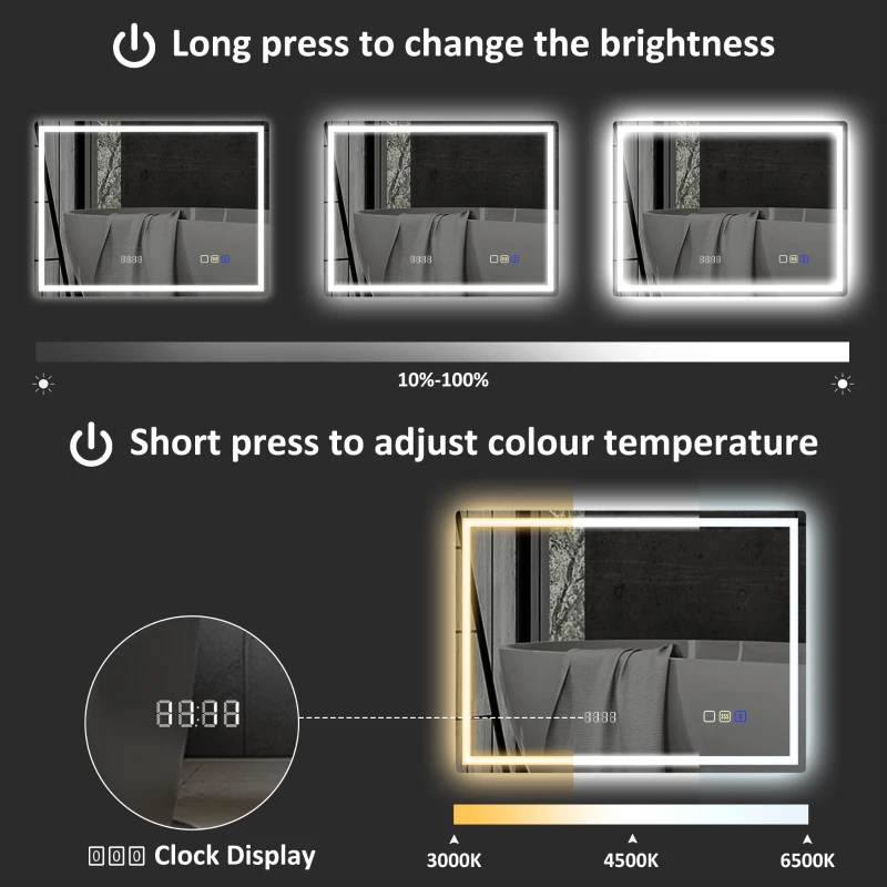 HOMCOM 600 x 800 mm Bluetooth Bathroom Mirror with LED Lights, Illuminated Backlit Wall Mounted Vanity Mirror with 3 Colours Dimmable, Clock, Demister Pad, Memory Function, Touch Sensor, IP44